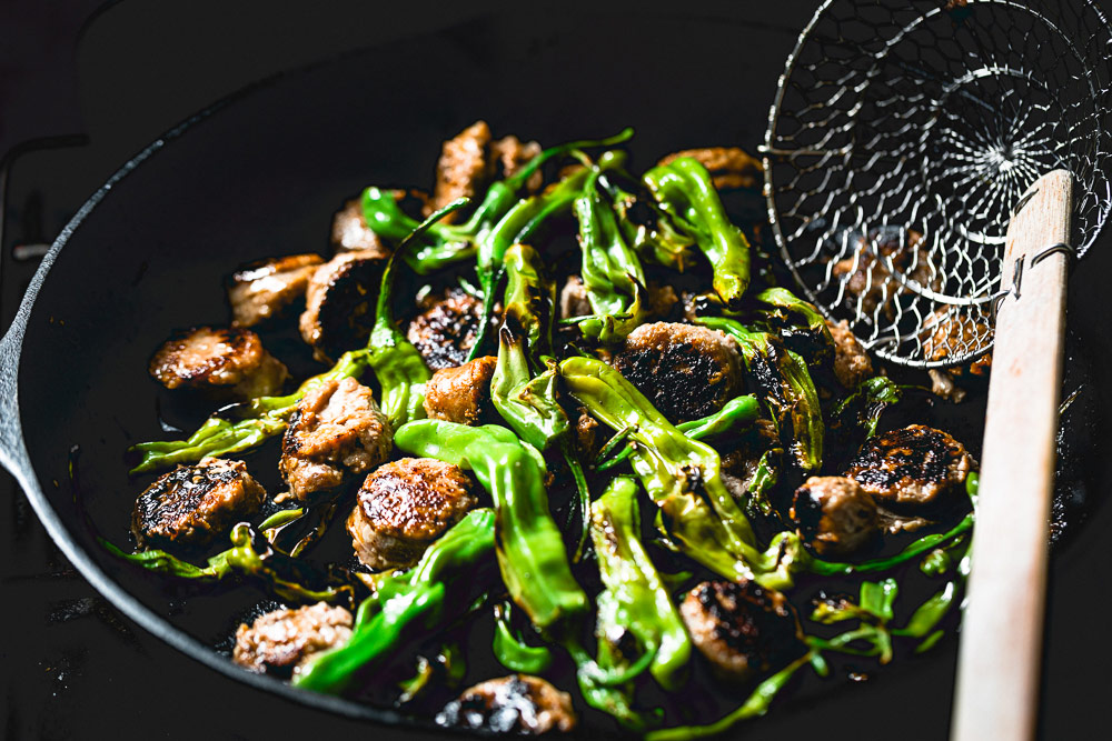 Shishito Peppers + Sausage with a Creamy Sriracha Sauce
