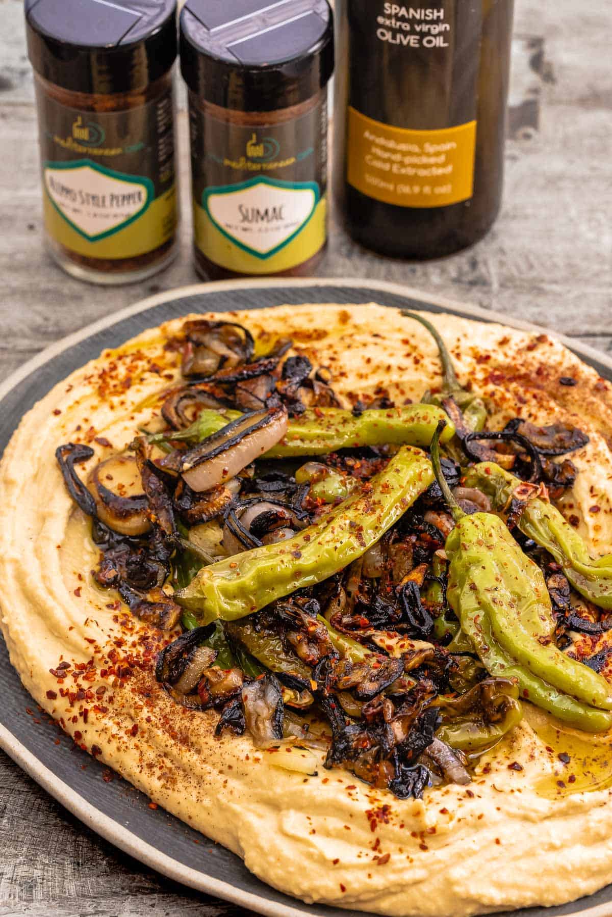 Loaded Hummus with Shallots and Shishito Peppers