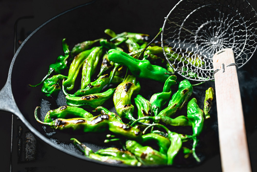 Shishito Peppers + Sausage with a Creamy Sriracha Sauce