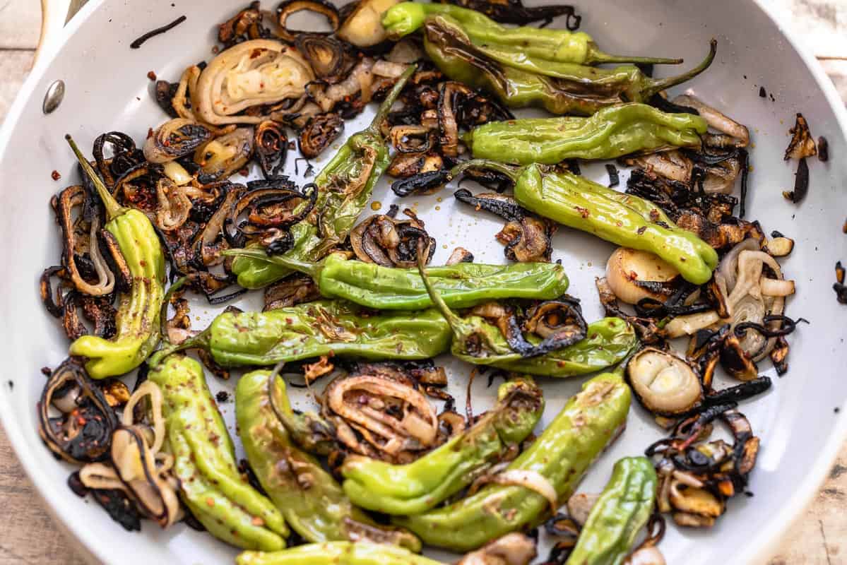 Loaded Hummus with Shallots and Shishito Peppers